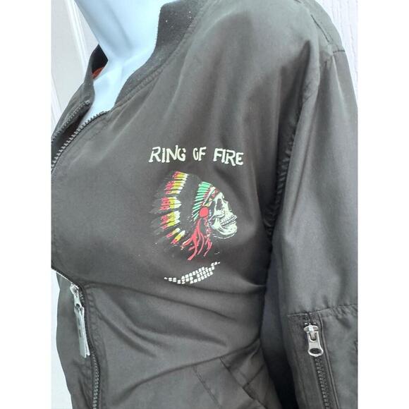 Ring Of Fire Black Back Graphic Skull Headdress Ribbed Cuffs Bomber Jacket Large - Picture 9 of 13